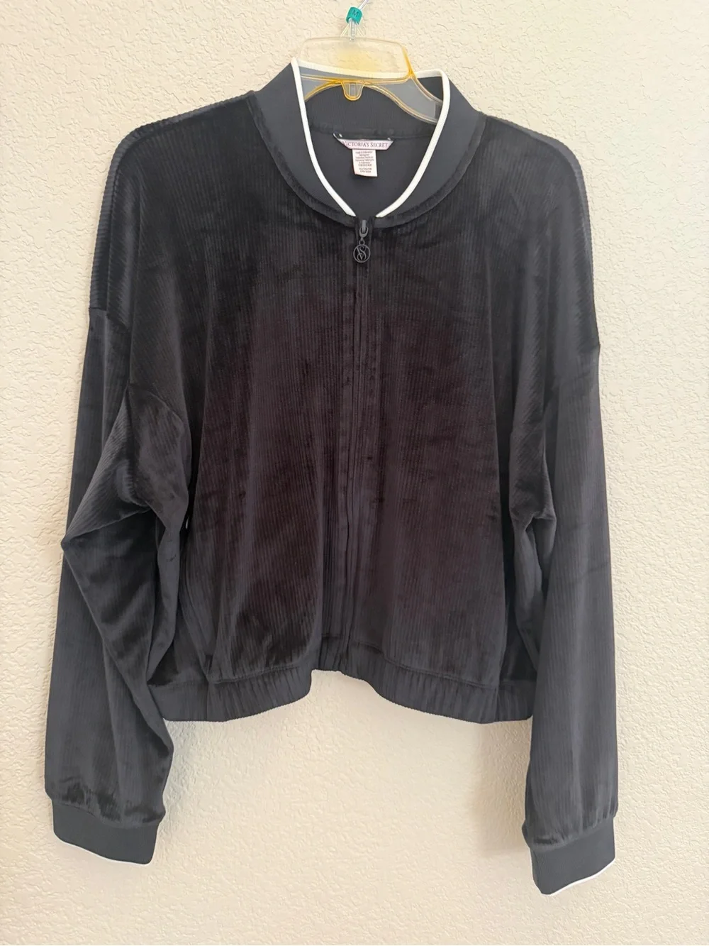 Victoria's Secret Black Velour Bomber Jacket with White-Trim Collar XL
